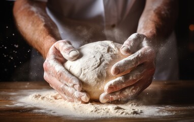 Hands shaping dough on a floured wooden surface