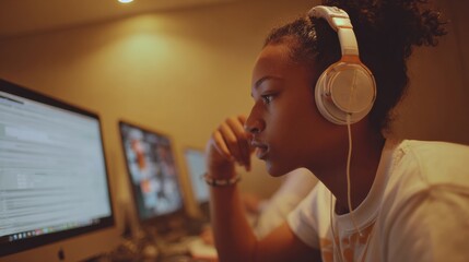 Young Woman Engaged in Online Course With Headphones, Focused in a Study Setting