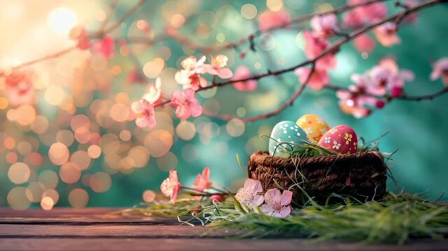 Easter bunny. Easterthemed digital wallpaper with bokeh effect and cherry blossom flowers.