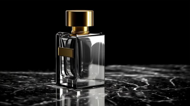 Perfume ads for Black Friday perfumes. Perfume bottle on black marble.