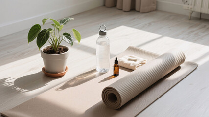Flat-lay of wellness essentials including yoga mat, water bottle, indoor plant, and essential oils, morning sunlight casting soft shadows, promoting healthy lifestyle and respiratory wellness in a cle