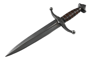 Antique medieval dagger with ornate hilt isolated on transparent background