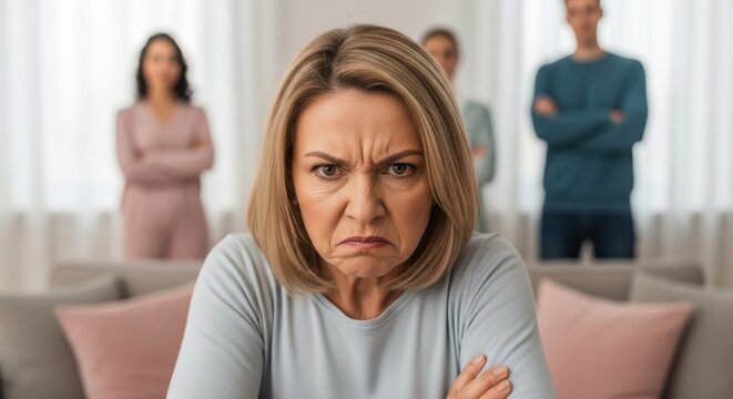 Anxious Expression: Intense close-up of a middle-aged woman's face. Surrounded by other individuals, she appears deeply concerned. Capturing her emotional state with raw honesty.