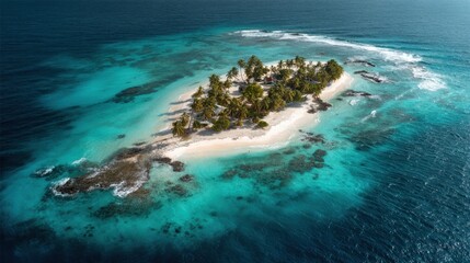 Aerial View of a Remote Tropical Island Surrounded by Crystal Clear Waters and Vibrant Green Palm Trees Under a Bright Sunny Sky