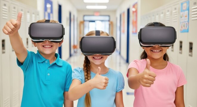 Virtual Reality Fun: Three joyful children wearing VR headsets in a brightly lit school hallway, giving a thumbs up in a showcase of technology