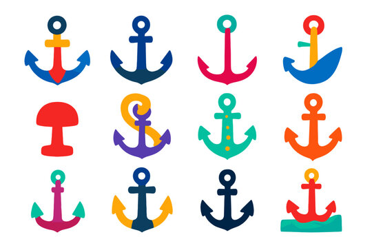 Colorful Anchor Icons. Flat vector icons of anchors: admiralty anchor, stockless anchor, grapnel anchor, plow anchor, mushroom