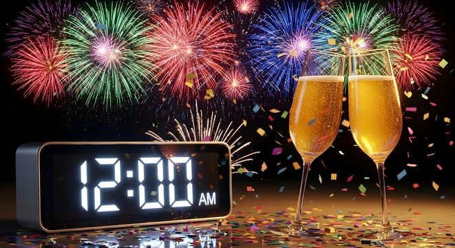 Champagne toasts to midnight celebration with fireworks and confetti.