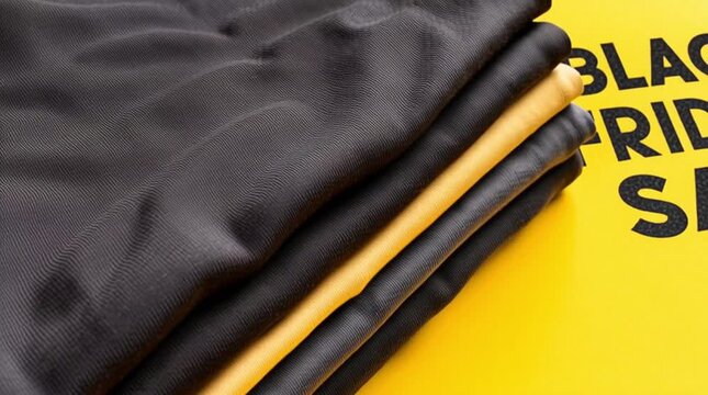 The text "Black Friday sale" on the background of a stack of T-shirts. Clothing store.