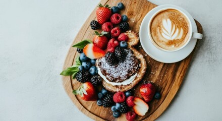 Breakfast Spread: A gourmet breakfast arrangement, artfully presented on a wooden board. The scene is elevated by the rich aroma of coffee and a perfect latte art, ready to kickstart your day.