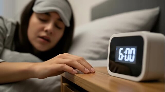 A tired woman turns off her digital alarm clock at 6 am. Close-up of a hand pressing the snooze button while in bed. Waking up early in the morning concept
