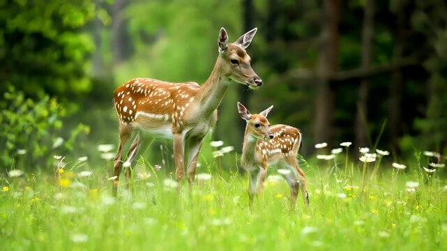 A closeup of a young deer standing in a lush green meadow. The deer is facing the camera, with its ears perked up, and its gaze directed forward.