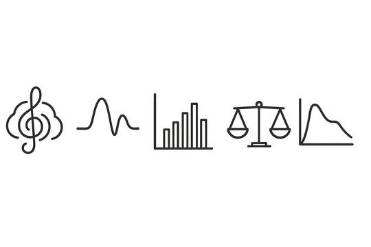 Harmonic Line Icons. Line style icons of Harmonic Content in Music: chord resonance icon, timbre shape waveform, instrument