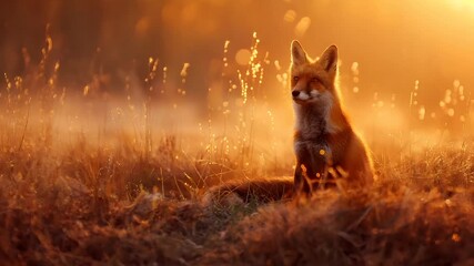 A vivid portrayal of a fox in a golden meadow during what appears to be the golden hour, with the sun casting a warm, golden hue over the scene.