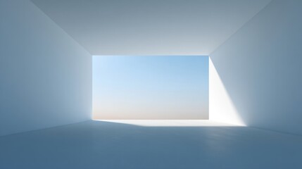 Obraz premium Minimalist interior space with an open window showcasing clear blue sky and subtle light, creating a tranquil and expansive atmosphere for modern design