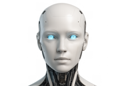 White artificial intelligence robot standing on a clear background, symbolizing modern technology, human advancement, and the evolution of cyborgs