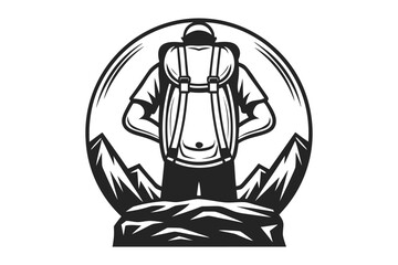 Monochrome shows a hiker with a backpack silhouetted against rugged mountains within an oval frame