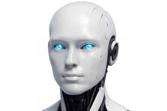 White robot head with glowing blue eyes on transparent background representing artificial intelligence and future technology - Powered by Adobe