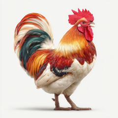 A vibrant and colorful rooster standing proudly, showcasing its striking feathers against a plain white background.
