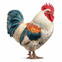 A majestic rooster stands proudly, showcasing a vibrant plumage with red, orange, and blue feathers against a white background.