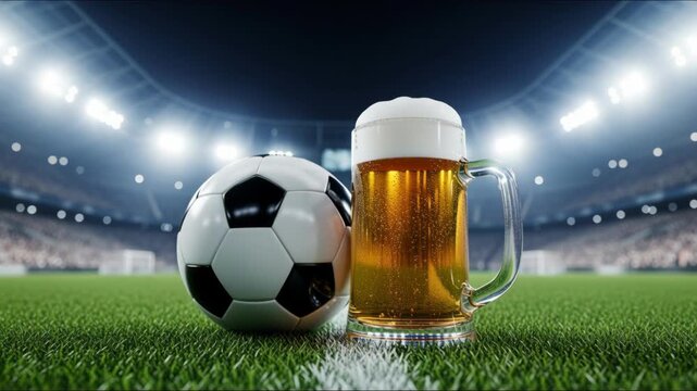 A soccer ball and a mug of beer on a stadium field at night. Close-up of a football and a cold drink on the green grass. Sports match and celebration concept