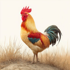 A vibrant rooster stands proudly amidst dry grass, showcasing brilliant red, blue, and golden plumage against a muted background.