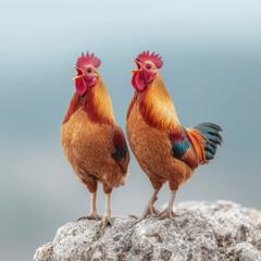 Two vibrant roosters standing on a rock, crowing proudly with a soft, gray background emphasizing their colorful feathers.
