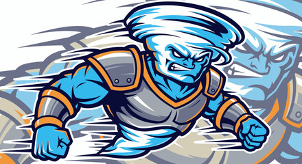 A fierce cartoon character, a blue tornado with an angry expression, wearing armor and moving fast.
