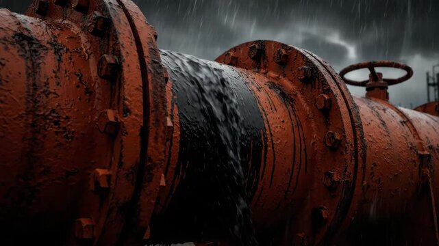 Rustic pipeline with rain against dark stormy skies background
