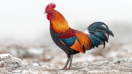 A vibrant rooster stands majestically on a rocky ground, displaying a spectacular array of red, gold, and blue feathers.