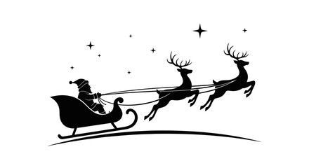 Silhouette of Santa Claus in his sleigh being pulled by three reindeer.