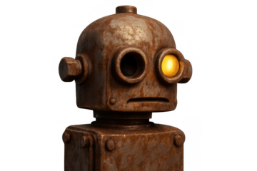 Rusty robot with glowing eye pondering modern ai challenges, an old android learning new technologies