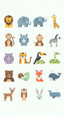 A vibrant collection of cartoon animal illustrations, showcasing a diverse range of wildlife from various habitats on a clean white background.
