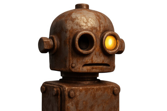 Rusty robot with glowing eye pondering modern ai challenges, an old android learning new technologies