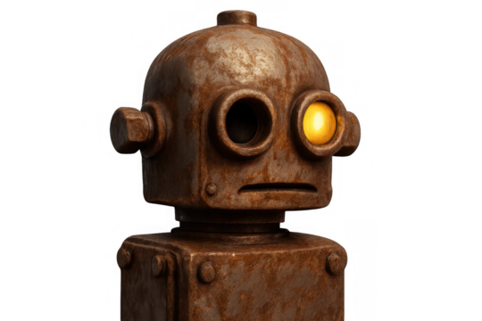 Rusty robot with glowing eye pondering modern ai challenges, an old android learning new technologies