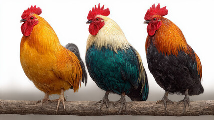 Three vibrant roosters perched on a branch, showcasing a variety of feather colors from golden yellow to iridescent blue and black.