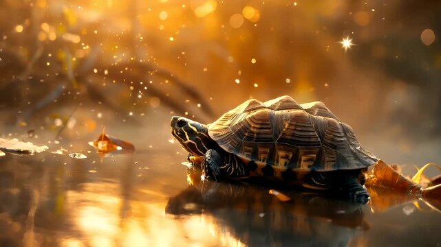 A closeup of a turtle on a reflective surface. The turtles shell is a mix of dark and light colors, with a pattern that appears to be intricate and detailed. The background is a warm.