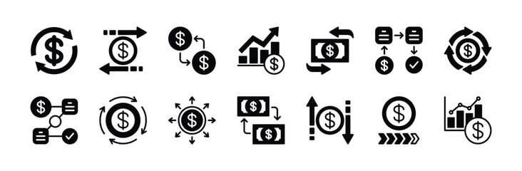 Money cash flow icon vector set. Contains financial arrow, exchange, transfer, refund, earning income, outcome, management, growth chart, expense, transaction, revenue, profit- illustration
