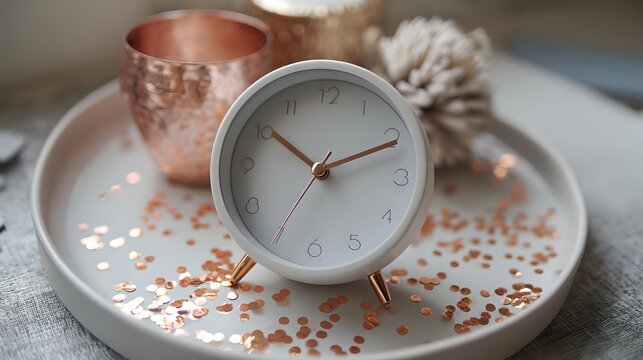 White alarm clock on a decorative plate with copper accents perfect for home decor and time management concepts