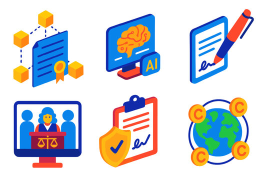 Future of IP. Isometric vector illustration set Future of Intellectual Property: blockchain certificate, AI-generated content icon