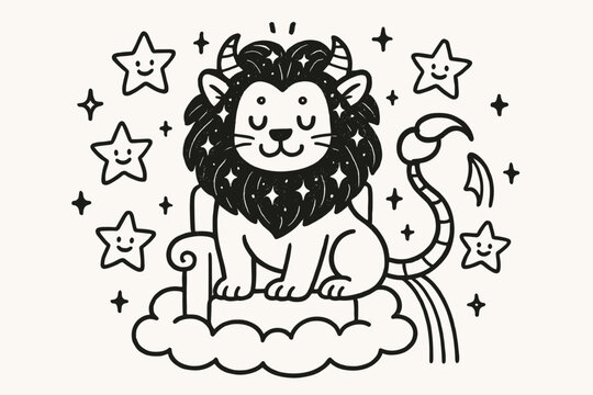 Manticore's Jewel-Adorned Throne. A doodle illustration of a manticore sitting on a cloud throne, surrounded by happy stars, its