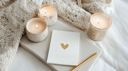 Cozy scene with candles and a card featuring a gold heart perfect for expressing love and creating a warm inviting atmosphere