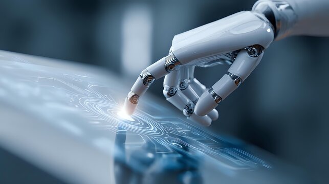 Robotic arm touching a digital interface futuristic technology concept artificial intelligence and automation in modern industry