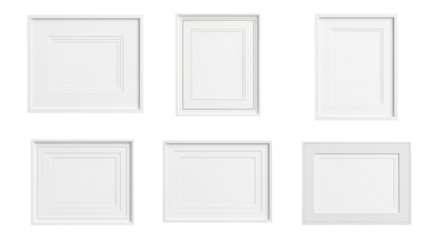 Elegant collection of white picture frames in various sizes and styles perfect for showcasing art, family photos, or minimalist designs in a modern home or office interior, mockup template