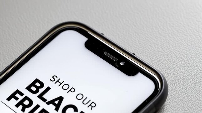 The black text "Black Friday has begun" on a white smartphone screen.