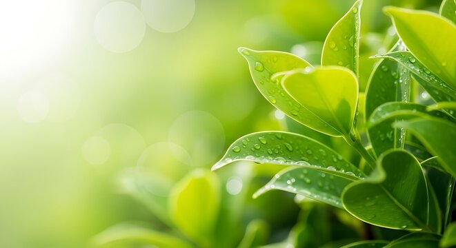 Close-up of fresh green leaves with water droplets, featuring a vibrant natural bokeh background, symbolizing growth, purity, and environmental freshness