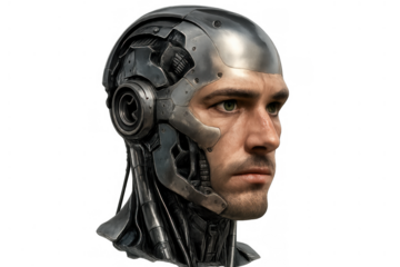 Humanoid man head cyborg with bionic implants and metallic skull, transforming into advanced artificial intelligence robot