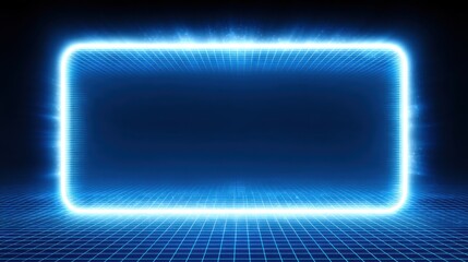 Futuristic glowing frame with grid background in blue tones, perfect for technology, science, or digital interface presentations and creative designs.