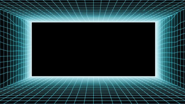 Neon grid tunnel with glowing edges, digital retro background, sci-fi corridor, futuristic space, virtual reality environment, neon light effects and grid patterns