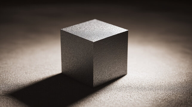 A single metallic cube casting a shadow. The cube stands alone with sharp edges and a clean shape