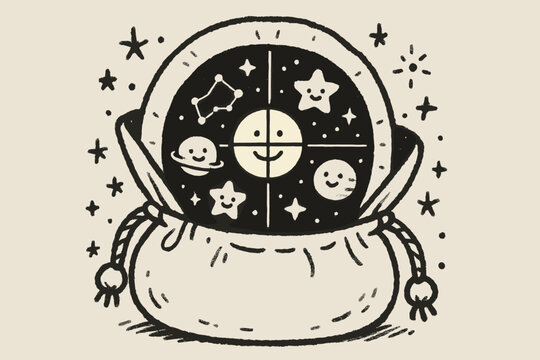 Starry Reticule Surprise. A doodle scene of a reticule opening to reveal a gridded sight inside, glowing with smiling
